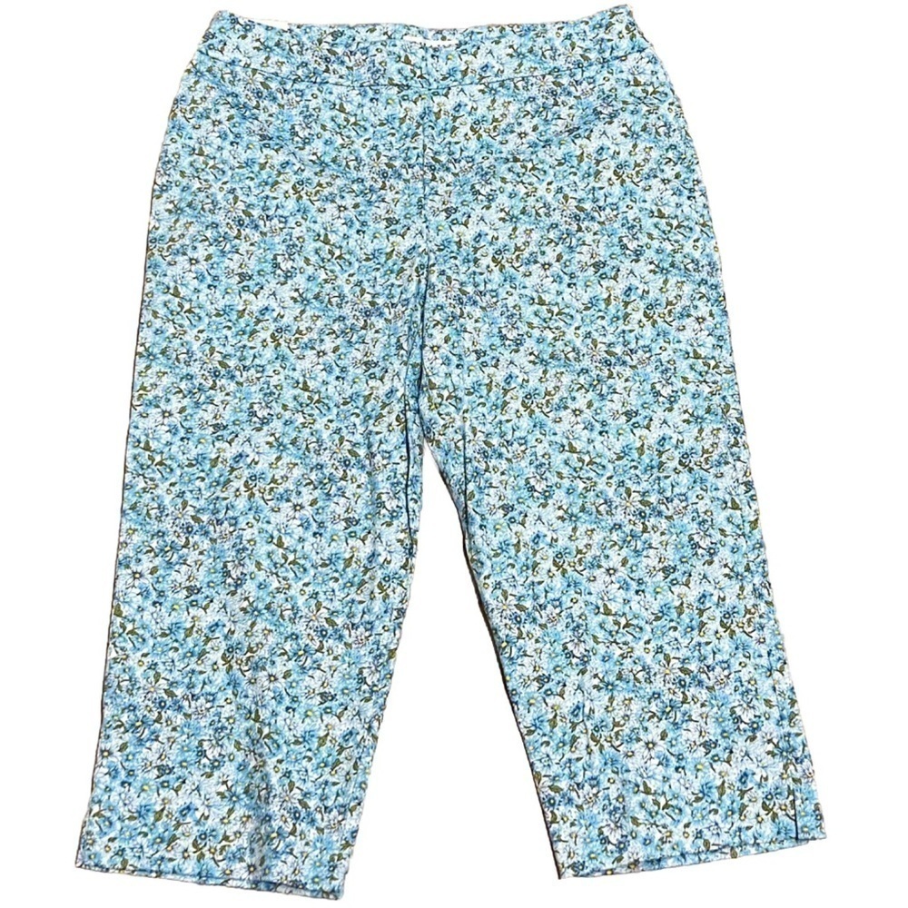 NEW Chaus Blue White Floral Straight Leg Mid Rise Capri Pants Size 14 Stretch
